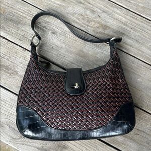 Coldwater Creek Black Brown Woven Hobo Shoulder Bag Faux Croc Trim